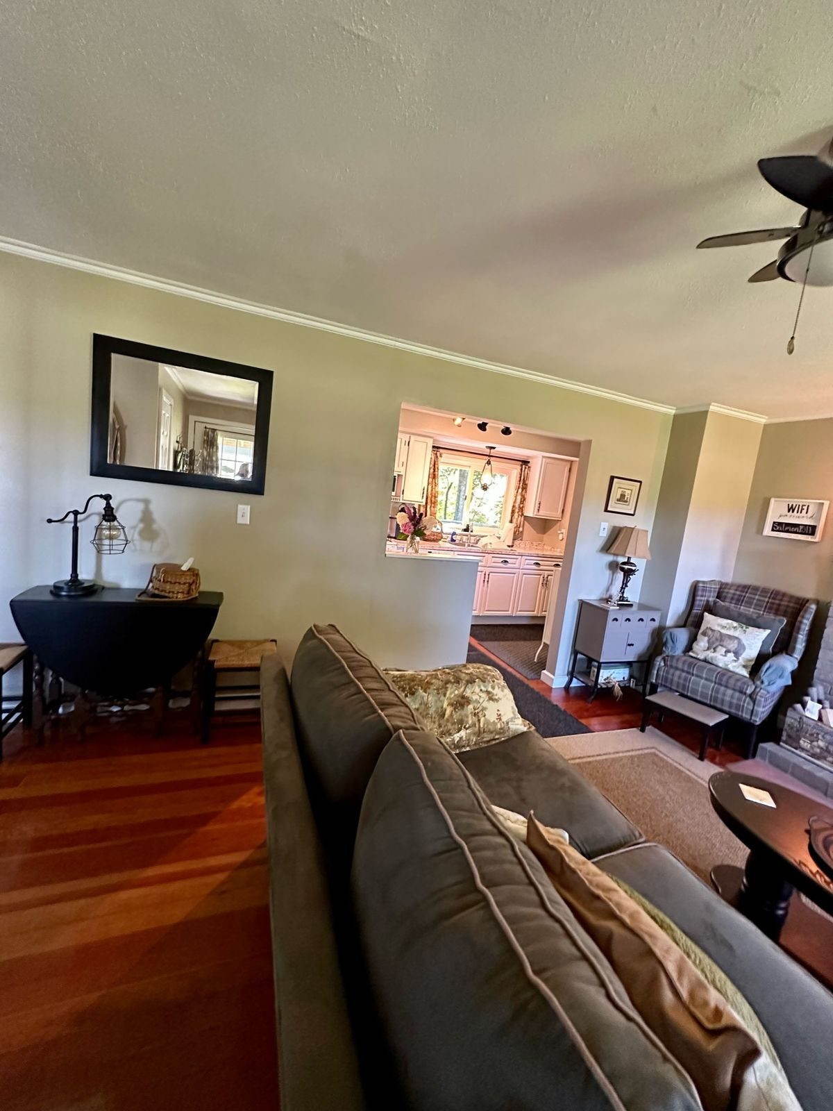 Living room with wood stove and comfortable seating